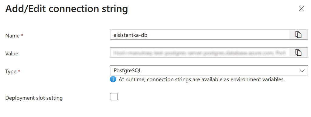 Screenshot of the connection string in Azure portal